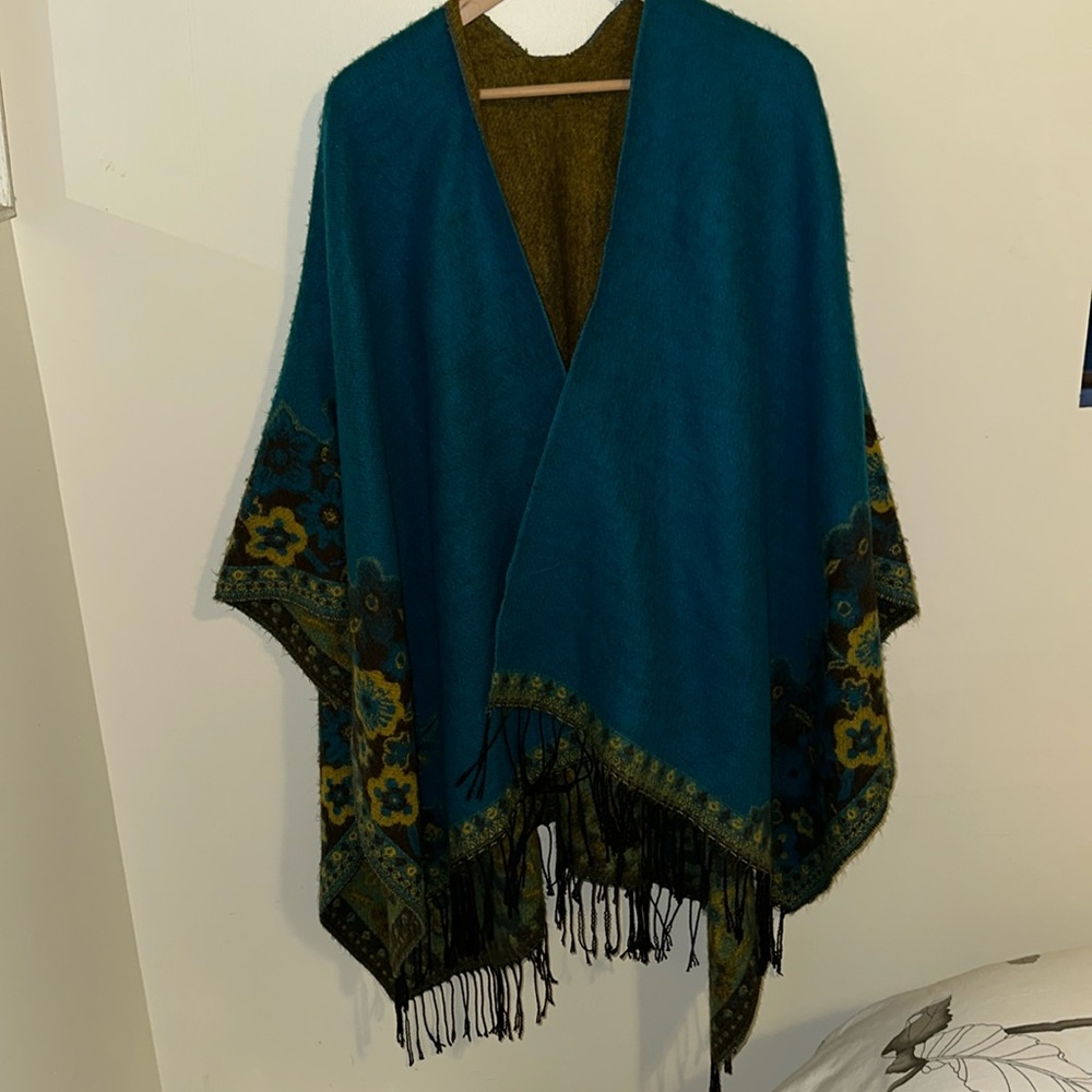 Cozy, Soft, Floral Reversible Poncho/Cape with Fringe Oversized One Size